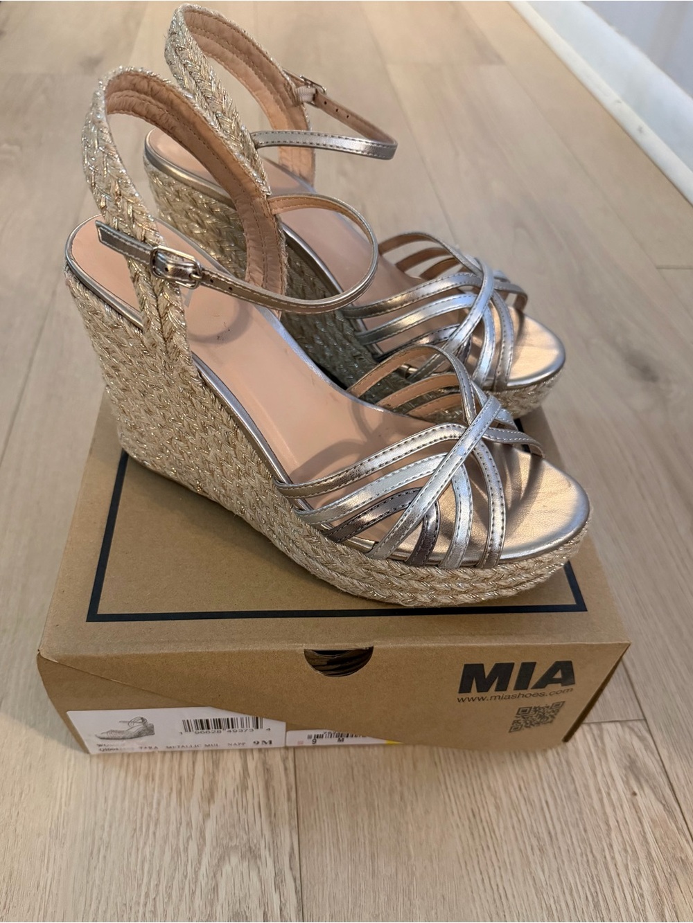 MIA Tara Metallic Silver Espadrille Wedge Sandals